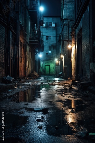 Enigmatic City Noir: Midnight Passage Secrets. Darkened urban decay with expressive graffiti storytelling. Atmospheric allure. Generative AI
