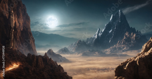 A breathtaking sci-fi landscape featuring a futuristic city on an alien planet.