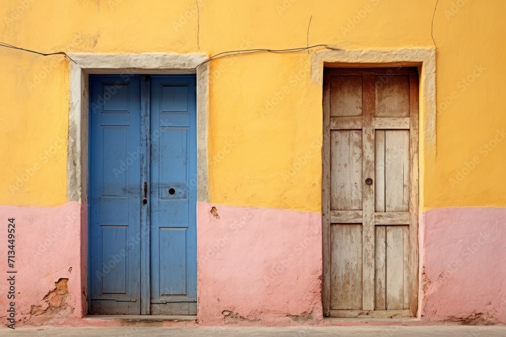  a couple of doors sitting next to each other on the side of a building in front of a yellow wall.