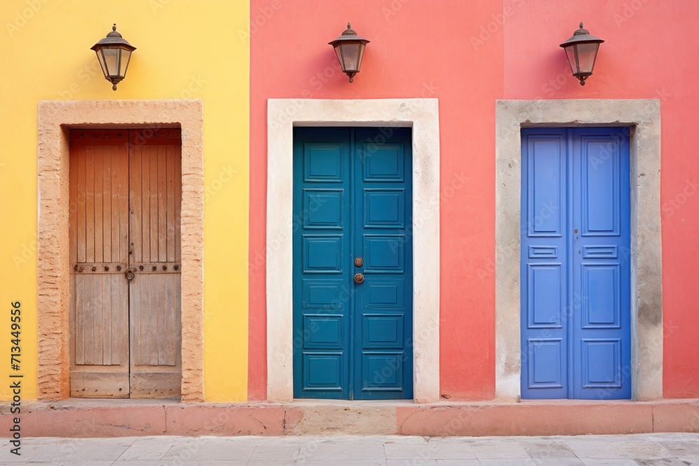  a couple of doors sitting next to each other in front of a pink and yellow building with two blue doors.