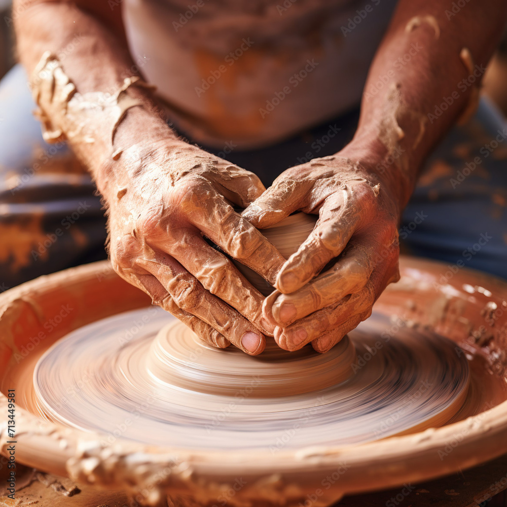 Close-up of hands making pottery on a wheel 