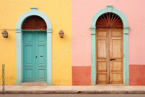  a couple of doors sitting next to each other in front of a yellow and pink building with a blue door.
