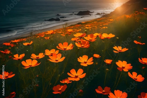 Red and yellow tulips on the beach.
