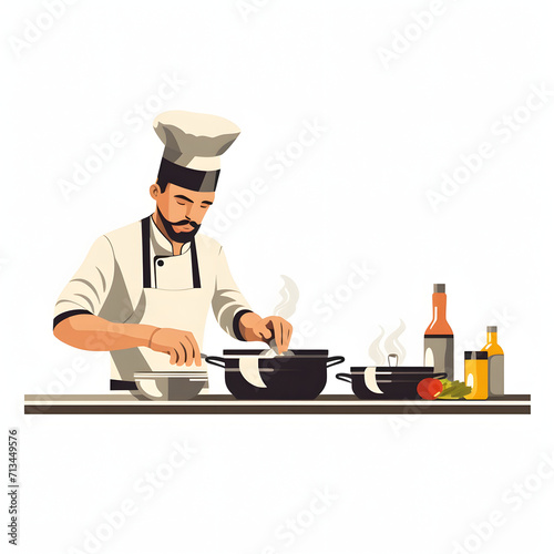 Chef preparing meals in a commercial kitchen isolated on white background, simple style, png 