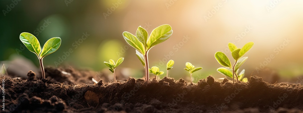 Planting forests, planting trees. Small green plant sprouts from the ground in the sun light. The seedling are growing - obrazy, fototapety, plakaty 