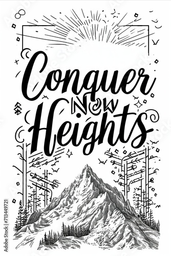 Graphic poster with a mountain peak and text Conquer New Heights in stylized font, monochrome, vintage style, motivational quote photo