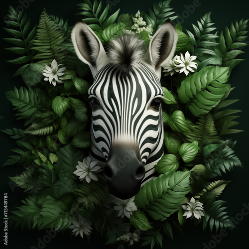 Portrait Of A Zebra With Green Leaves In The Background