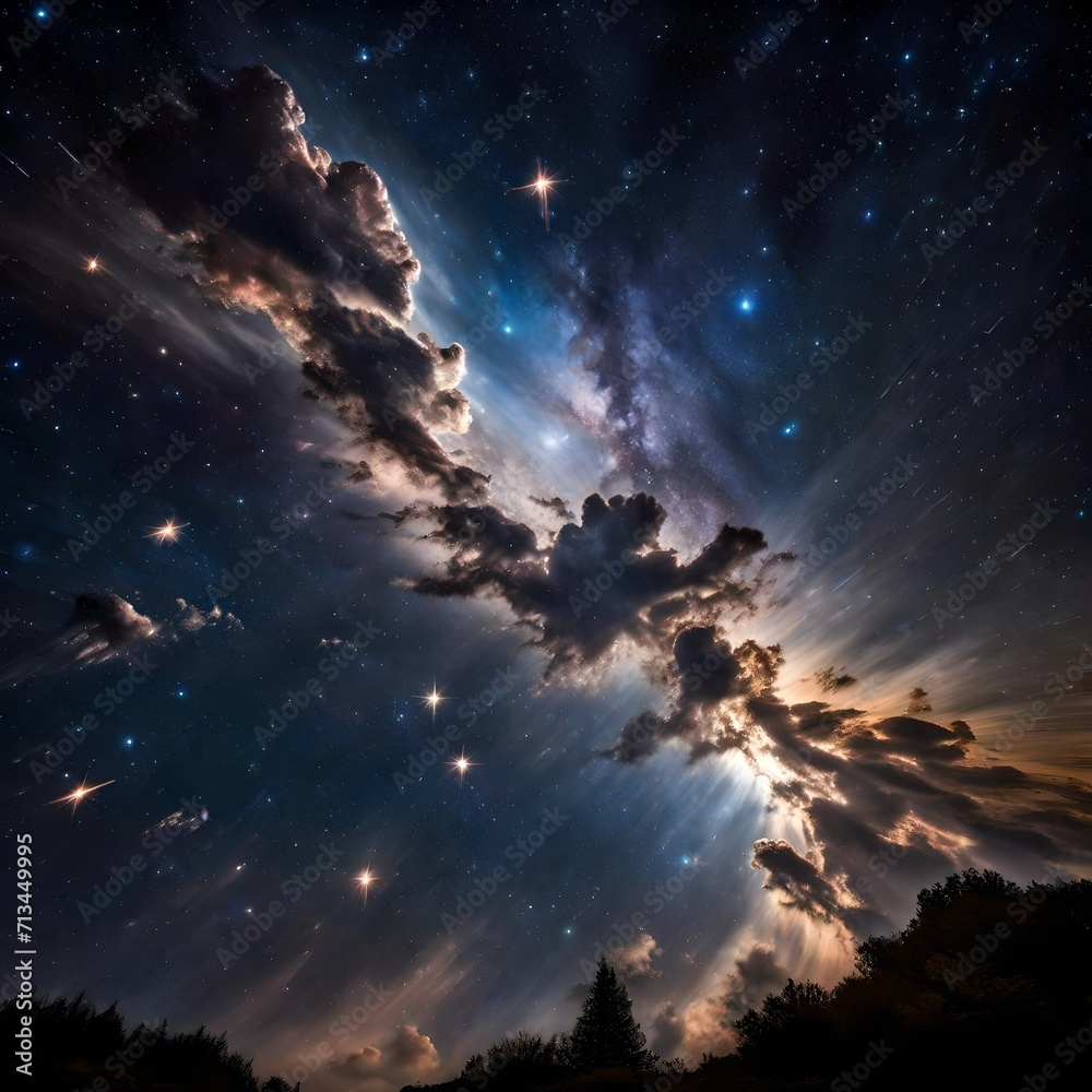 A cosmic display of stars against a backdrop of illuminated, wispy clouds. - Upscaling by @Badar