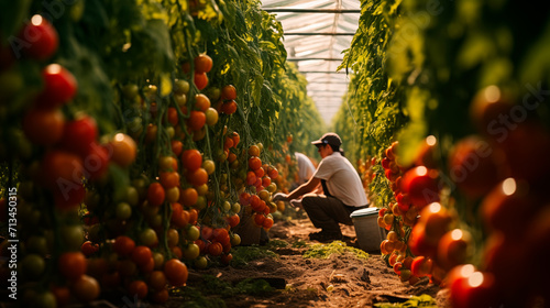 Farm woman professional picking check vegetable farmland. Ripe tomato plant growing in greenhouse. Fresh bunch of red natural tomatoes on a branch in organic vegetable garden. Agro cultivation concept