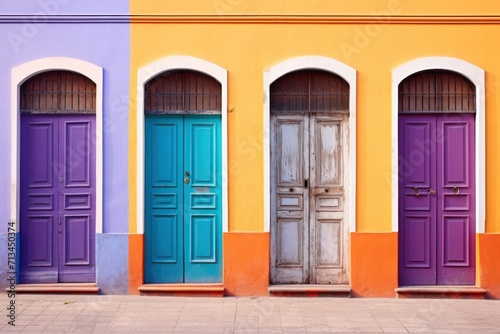  a row of multicolored doors in front of a yellow and purple building with a blue and pink door. © Nadia