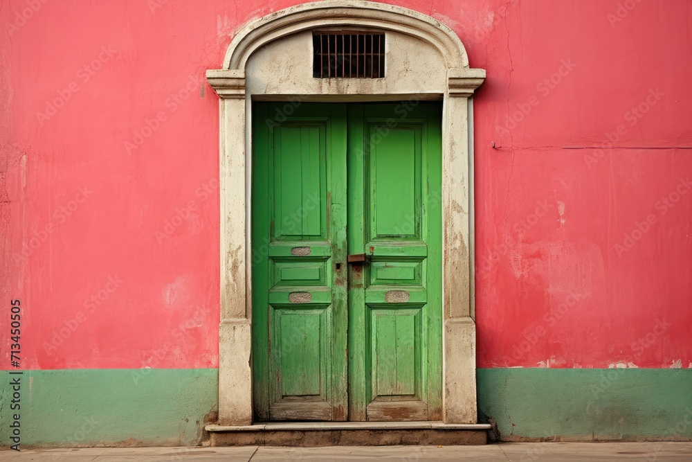  a green door in front of a red wall with a window and a window sill on the side of the building.