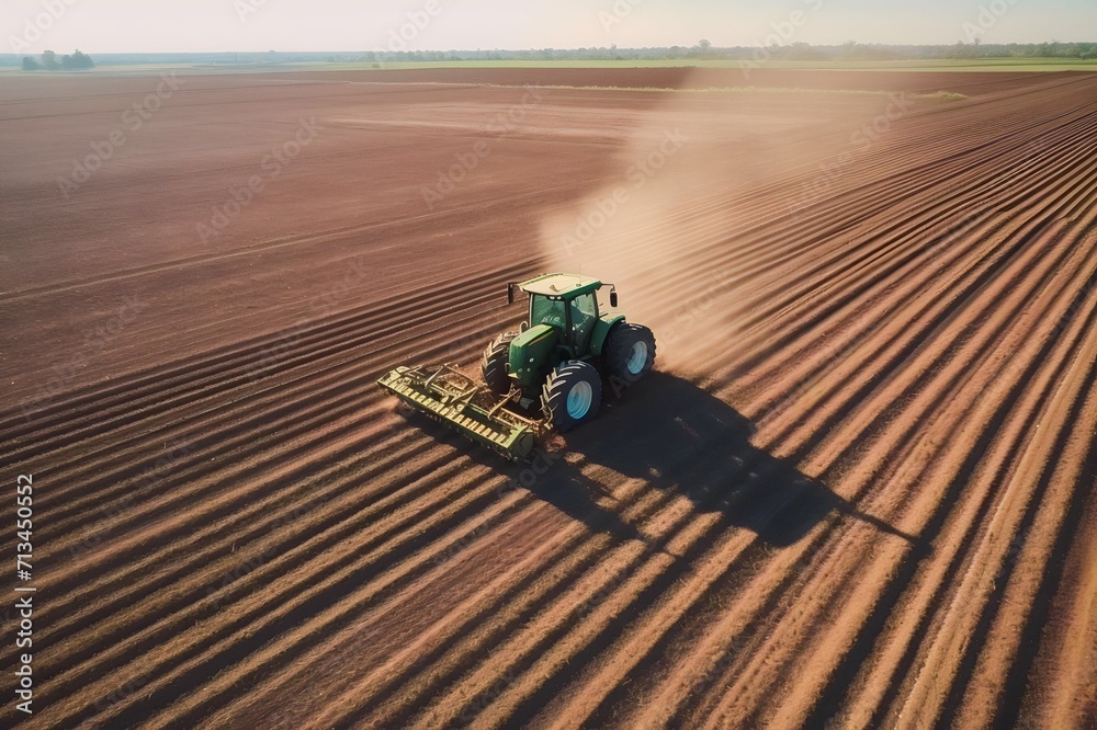 Obraz premium Tractor plowing agricultural field in cultivation, tillage. Groove row pattern