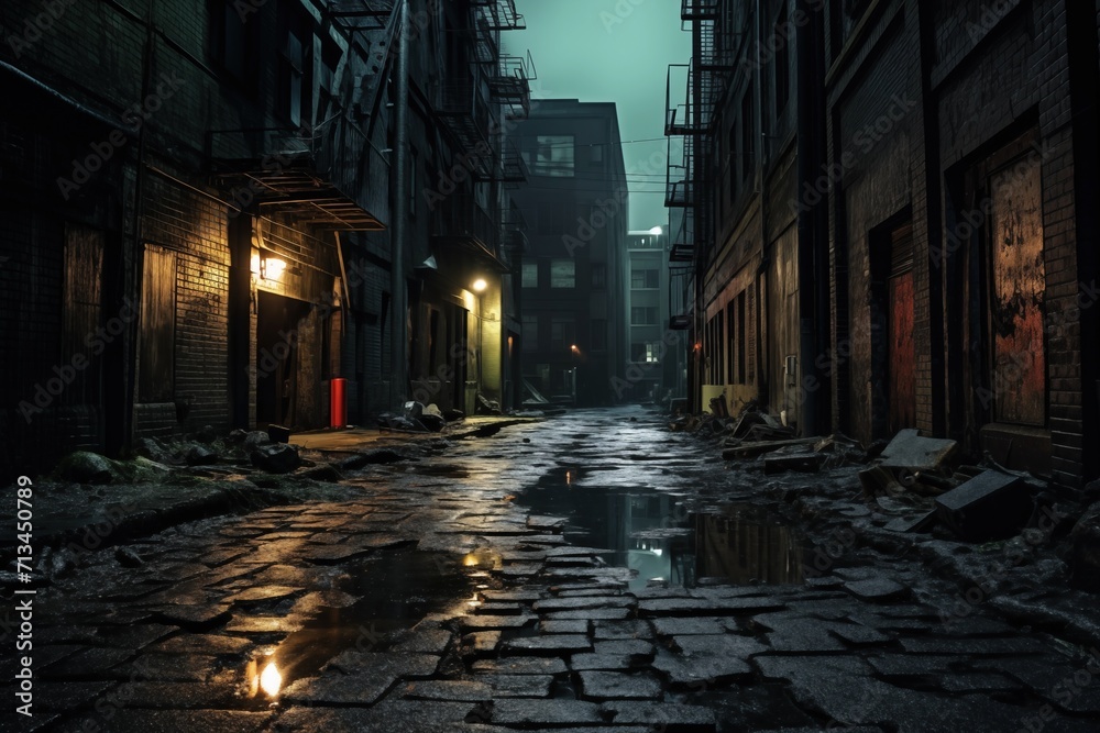 Hidden City Whispers: Enigmatic Urban Palette. Dark alley with worn textures and captivating graffiti under the twilight sky. Generative AI Hidden City Whispers: Enigmatic Urban Palette. Dark alley with worn textures and captivating graffiti under the twilight sky. Generative AI