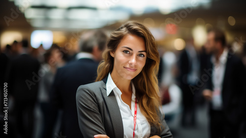 Smiling business woman in a city, bright light effect
