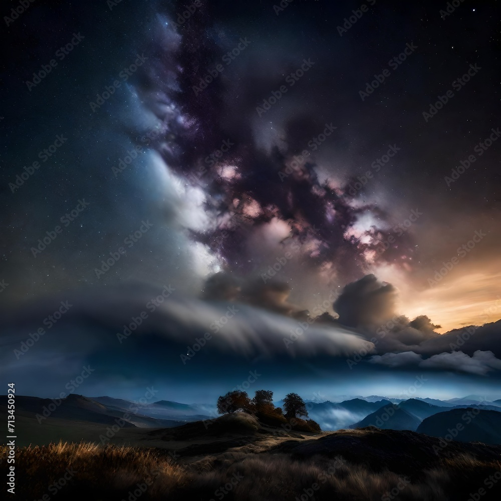 A stunning view of stars twinkling behind dense, billowing clouds. - Upscaling by @Badar