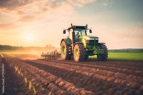 Tractor plowing agricultural field in cultivation, tillage. Groove row pattern photo