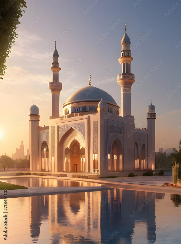 Picturesque Mosque at Sunset Captivating Sunny Landscape Photos. Generative AI