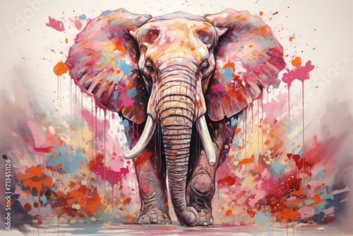  a painting of an elephant with paint splatters on it's face and tusks on its trunk.