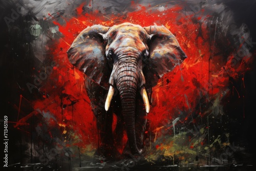  a painting of an elephant with tusks on it's tusks and a red and black background. © Nadia