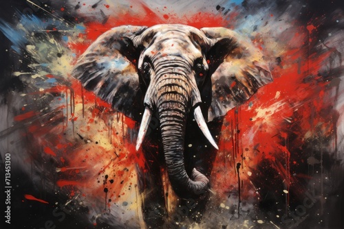  a painting of an elephant with red, yellow, and blue paint splattered on it's face.