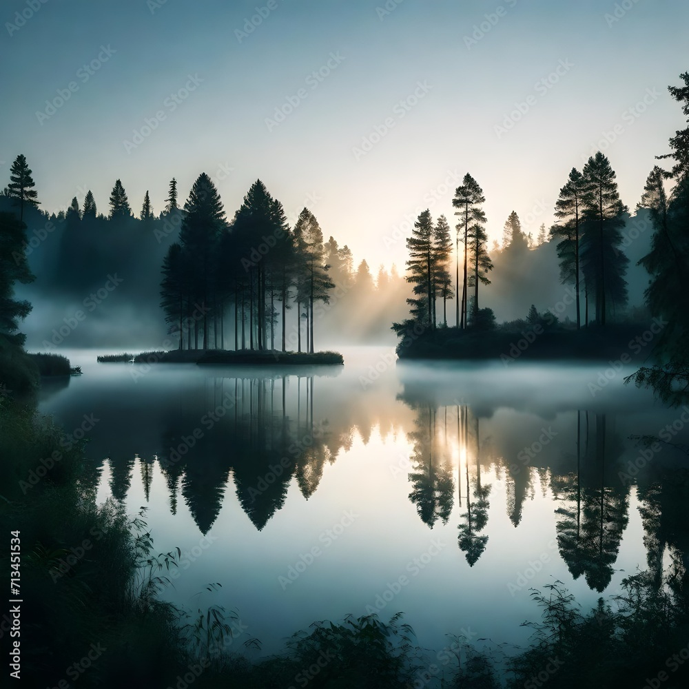 A serene forest lake at dawn, with mist rising from the water's surface in a vertical composition
