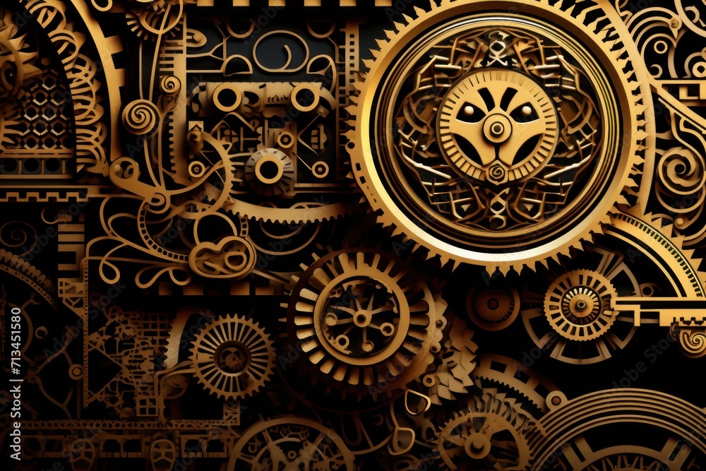  a close up of a clock face made out of gold gears and cogs on a black and white background.