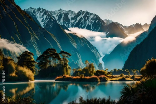 An enchanting view of the Westland District with Fox Glacier, where the morning fog embraces the mountains, creating a magical landscape at Lake Matheson.