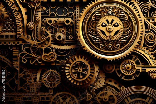  a close up of a clock face made out of gold gears and cogs on a black and white background. © Nadia