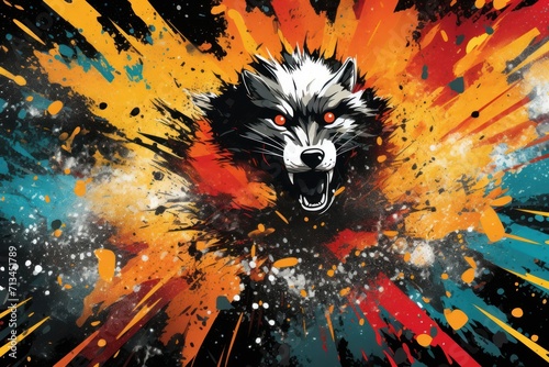  a black and white wolf with red eyes and yellow and blue paint splatters on it's face.