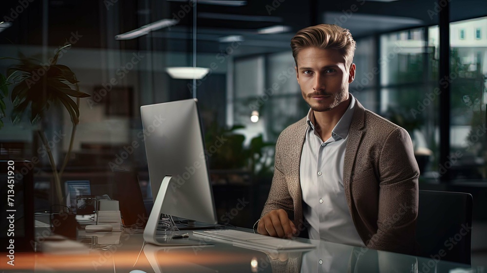 Horizontal AI illustration, man working in the office with computer. Business, technology concept. Horizontal AI illustration, man working in the office with computer. Business, technology concept.