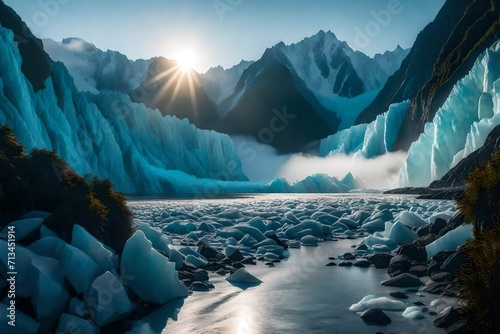 Fox Glacier in the early light, a detailed HD shot showcasing the glacier's textures, while mountains in the background are veiled in a mystical layer of fog.