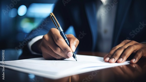 Horizontal AI illustration, hands of black man in a suit, filling out some documents. Business.