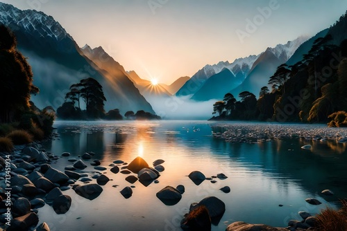 The enchanting allure of Westland District as the sun rises, revealing the pristine beauty of Fox Glacier and Lake Matheson, with misty mountains standing tall in the background. photo