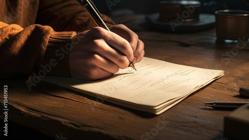 Horizontal AI illustration, man's hands writing some pages with a pen on a wooden table. Business. photo