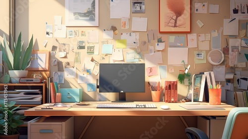 Horizontal AI illustration, room with study table Business and technology concept.