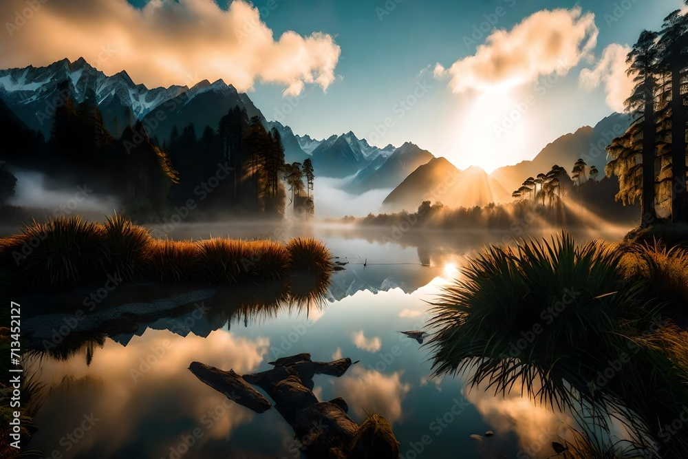 A cinematic view of Westland District, where the first rays of sunlight touch the surface of Lake Matheson, surrounded by mountains disappearing into the mist.