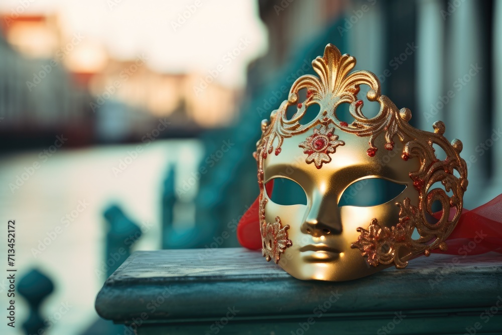 Gold Venetian carnival mask on the bridge in Venezia at traditional Carnival in Venice. Carnival party concept. Festive backdrop for design card, banner, flyer with copy space