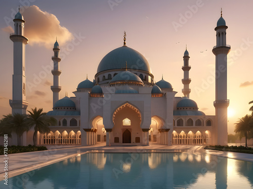 Picturesque Mosque at Sunset Captivating Sunny Landscape Photos. Generative AI