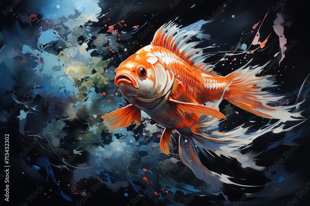  a painting of a goldfish with splashes of paint on it's body and a black back ground.