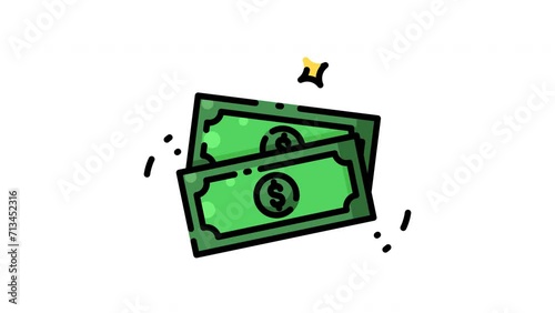 Animated green cash with a sparkle, indicative of money movement or transaction. Suitable for finance related videos, presentations, and advertisements. (ID: 713452316)