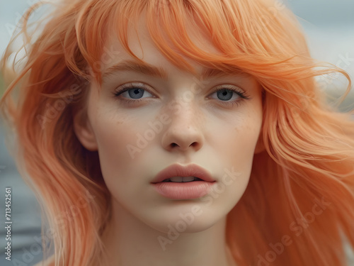 Portrait of a beautiful pink orange haired girl with long curly hair.