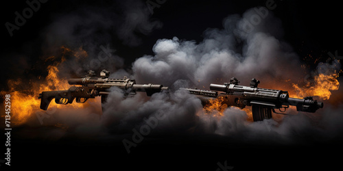 fire and smoke with guns, two guns in the smoke and fire, rifle in the smoke on the dark background, weapons in the smoke