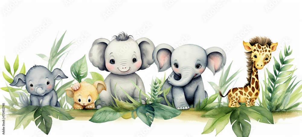 Naklejka premium watercolor illustration cute baby safari animals sit on green grass and tropical leaves