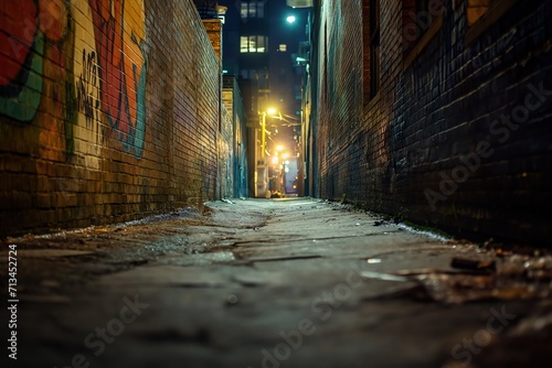 Urban Decay Serenade. Atmospheric city alley with expressive graffiti storytelling. Nighttime allure. Generative AI