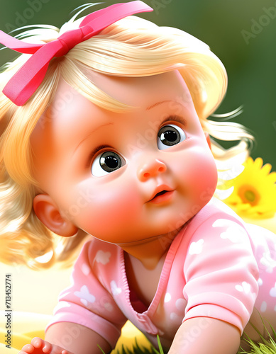 Lovely AI generated image of a cute blonde baby in front of yellow flowers