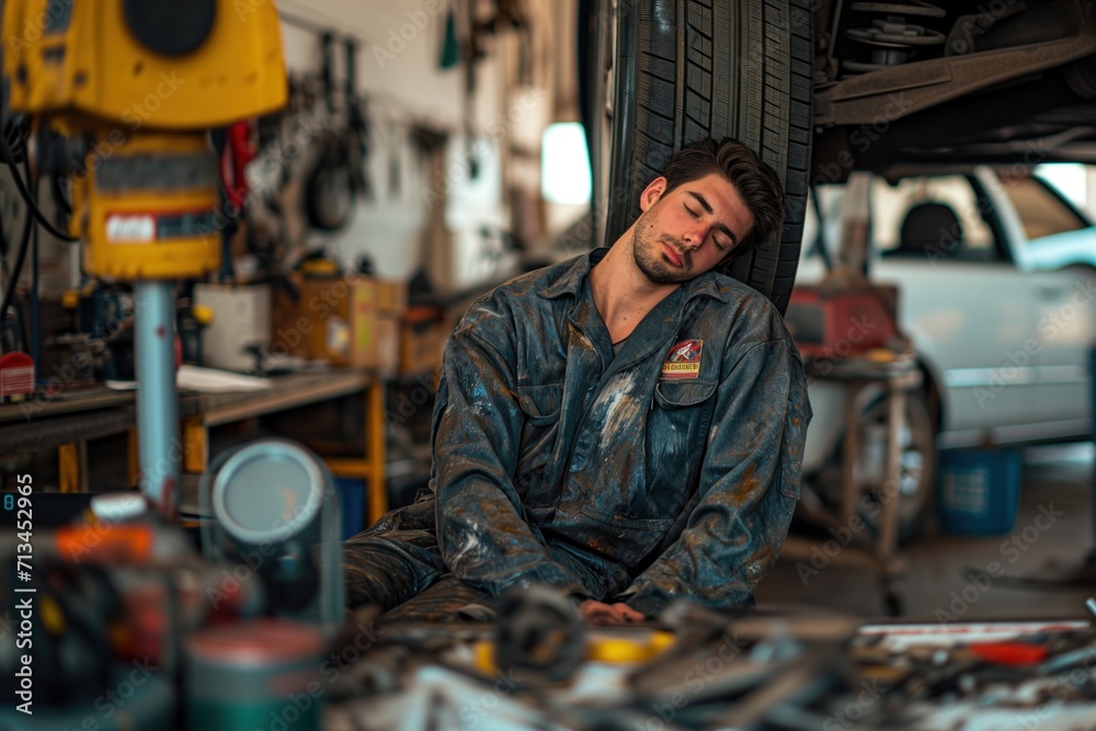 auto mechanic is napping under a car raised on a lift in a workshop. industrial fatigue concept. World Sleep Day
