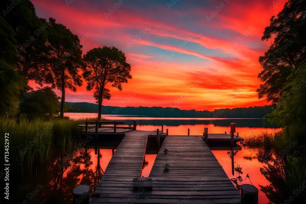 Vibrant colors of a summer sunset painting the sky over a tranquil lake, an empty pier with a noticeable red mailbox at the end, embraced by the greenery of surrounding trees.