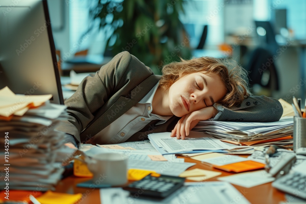 bank employee is dozing at a desk in a bank with a computer with financial programs. industrial fatigue concept. World Sleep Day bank employee is dozing at a desk in a bank with a computer with financial programs. industrial fatigue concept. World Sleep Day