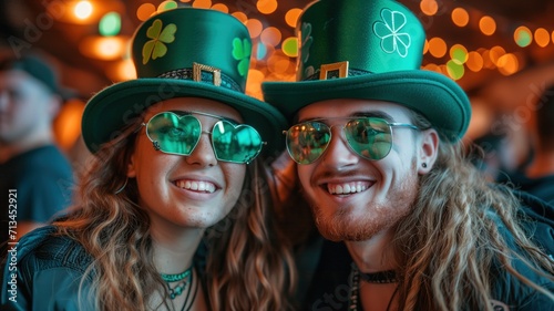 man and woman celebrating St. Patrick's Day. Both are wearing large themed glasses