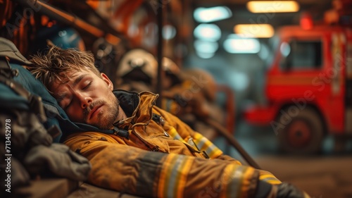firefighter sleeps on a wooden bench, still in incomplete gear. industrial fatigue concept. World Sleep Day photo
